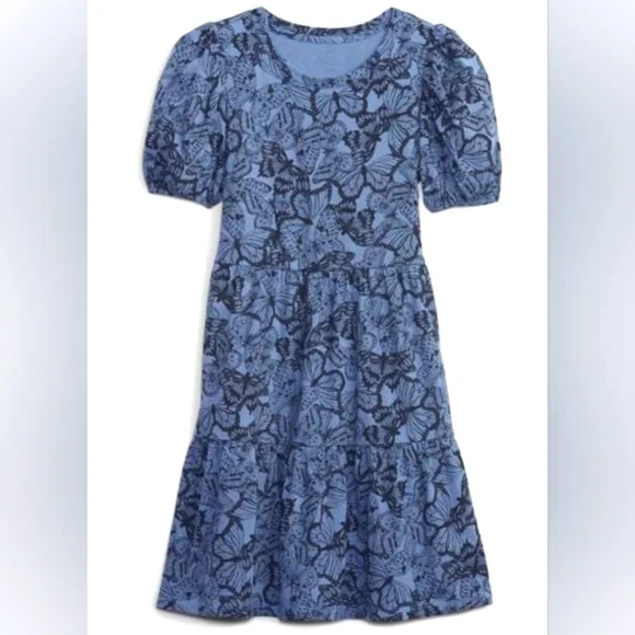 GAP Kids Puff Slv School Dress Blue Butterfly Print Girls LG (10-11 years) NWT - Picture 2 of 9